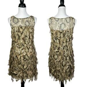 Worth | Petites Tan & Brown Snakeskin Reptile Tiered Frayed Silk Sheath Dress